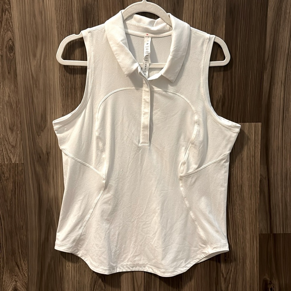 Lululemon White Quick Dry Sleeveless Polo Collared Stretch Button Up Top 12